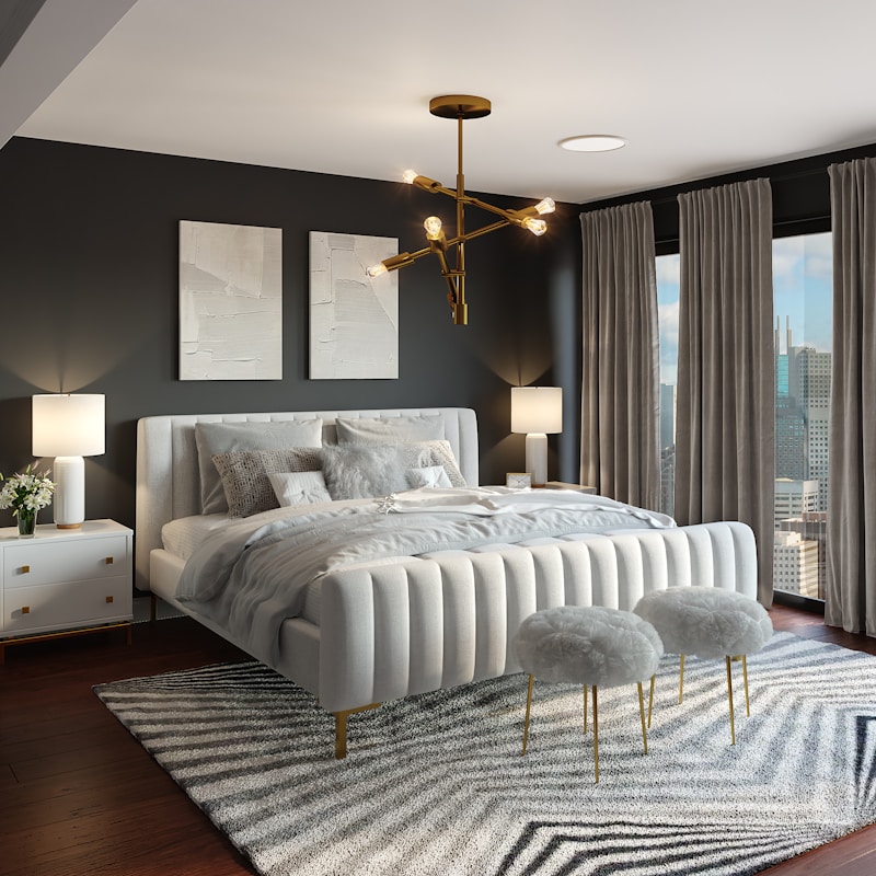 Fertig aufgebautes Schlafzimmer mit Bett und Schrank